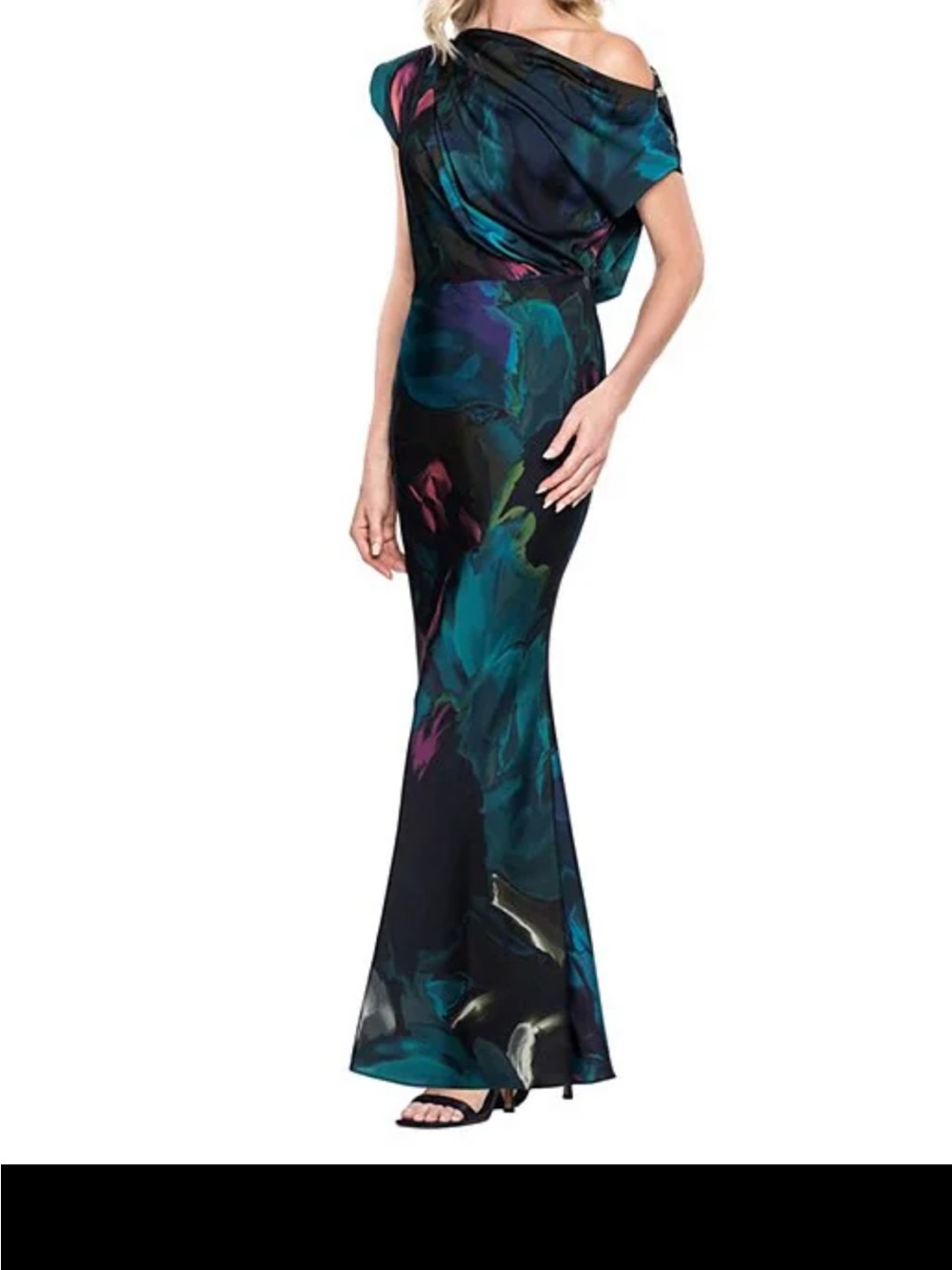 Betsy & Adam One-Shoulder Evening Gown in Black, Teal & Purple